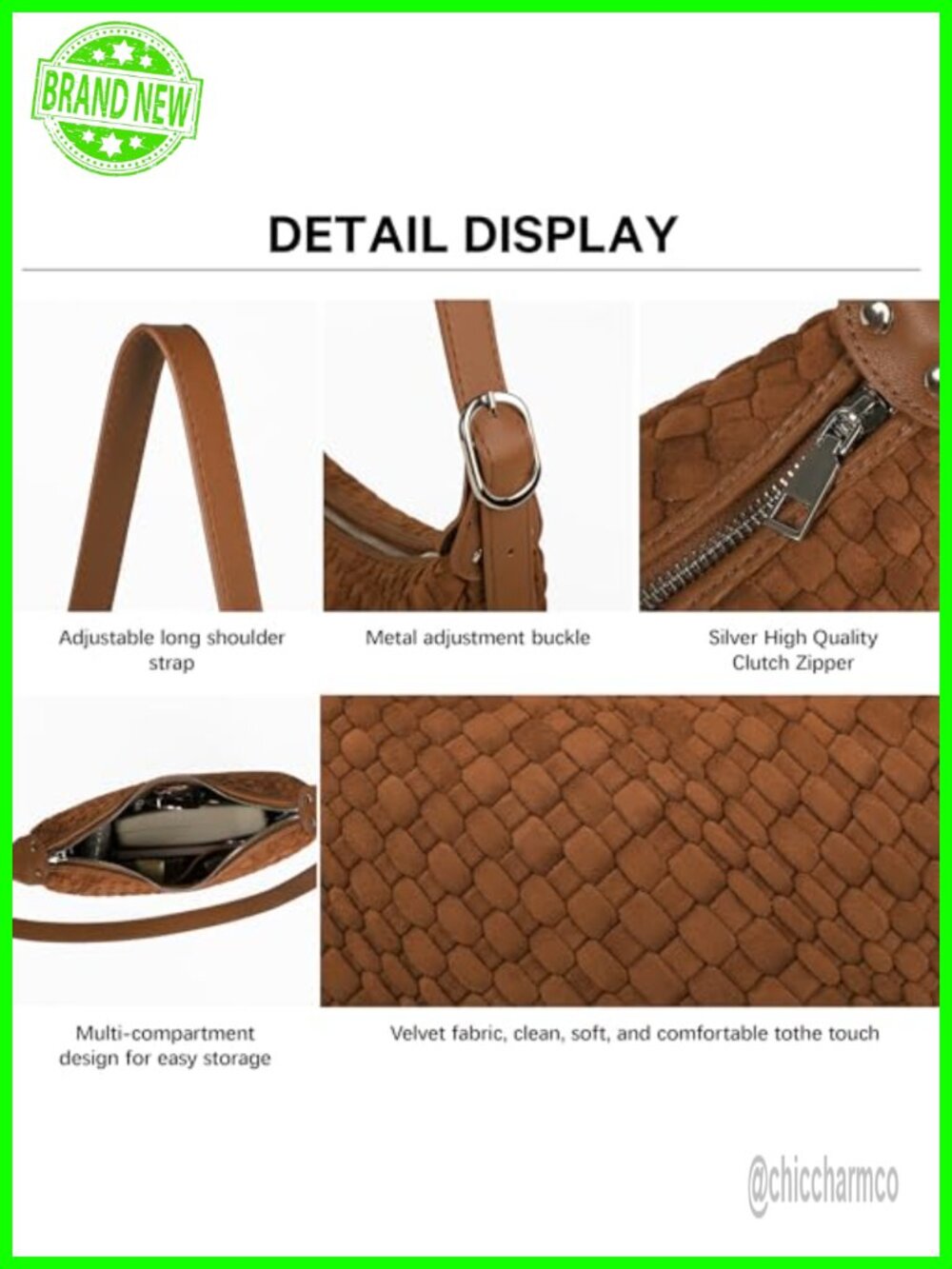 Vegan Leather Woven Crescent Crossbody Bag with Adjustable Strap - Picture 4 of 6
